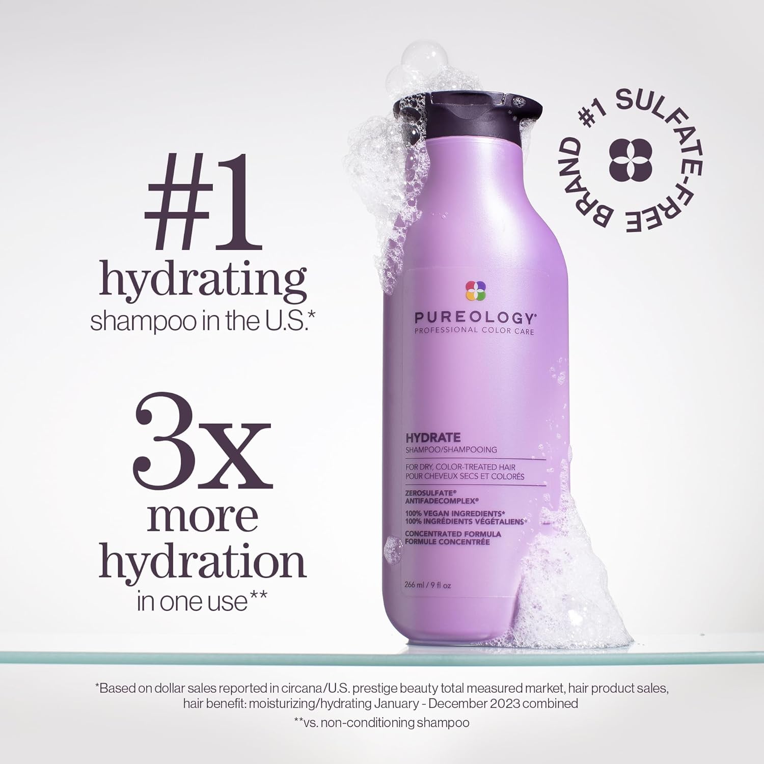 Pureology Hydrate Shampoo - For Dry or Color Treated Hair, Moisturizing Shampoo For Hydration & Softness, With Rose Extract & Green Tea, Vegan & Sulfate-Free - Image 2